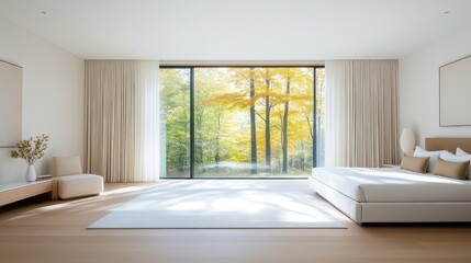 Fototapeta premium Modern bedroom with stunning fall views. Spacious, bright, and serene room with large windows overlooking a golden autumn forest