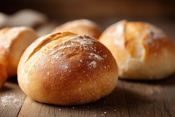 close-up image of freshly baked bread loaves on rustic wooden table conveys warmth and comfort