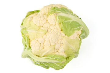 Fresh Cauliflower Head with Leaves, Isolated on White Background.
