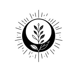 Celestial Botanical Logo - Moon & Plant, Minimalist, Black & White