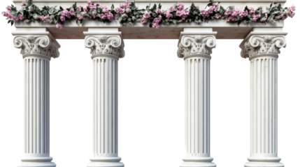 Ancient columns decorated with flowers, cut out transparent