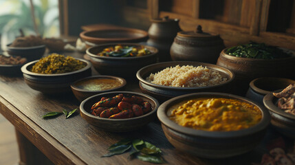 Various dishes in bowls arranged on a wooden table in a dimly lit setting with plants visible
