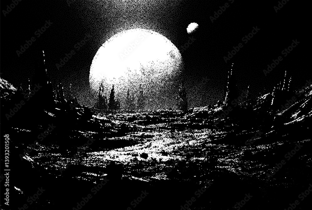 Poster alien planet landscape in retro dotwork style. planets and satellites over unknown planet in space. 