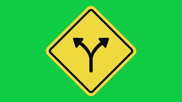 Fork in the Road Warning Sign Animation, Yellow Diamond Road Split Alert on Green Screen in 4K