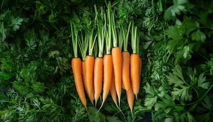 Bright orange carrots with green leafy tops laying on green foliage