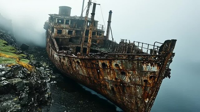 Abandoned rusting shipwreck on rocky shore shrouded in fog, evoking mystery and decay