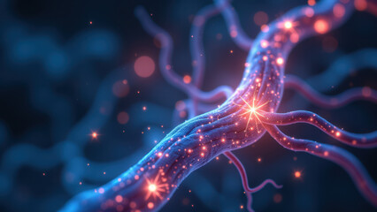 Vagus Nerve Stimulation - A detailed illustration of a human neuron with glowing synapses and dendrites, representing electrical signals.