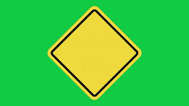 Road End Warning Sign Animation, Yellow Diamond Road Closure Alert on Green Screen in 4K