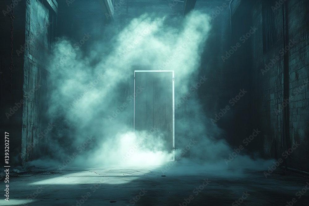 Poster mysterious doorway with glowing light and smoke abstract fantasy scene of threshold and unknown dark