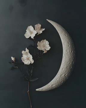 Surreal Crescent Moon with White Flowers on Dark Background