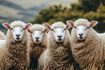 Obraz premium Close Up of Four Sheep Facing Forward Rural Farm Animals in a Pastoral Setting Countryside Livestock : Generative AI