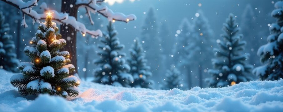 Snowflakes gently falling on a winter wonderland landscape, christmas trees, evergreen, snowflakes