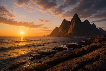 Obraz premium Golden sunset over coastal cliffs and mountain