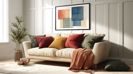 A cozy living room with a sand-colored sofa and pillows in rust and olive green