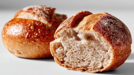 Fototapeta premium Close-up of sliced wheat bun with golden crust and airy texture on white background ideal for bakery branding, menu visuals, and food product packaging
