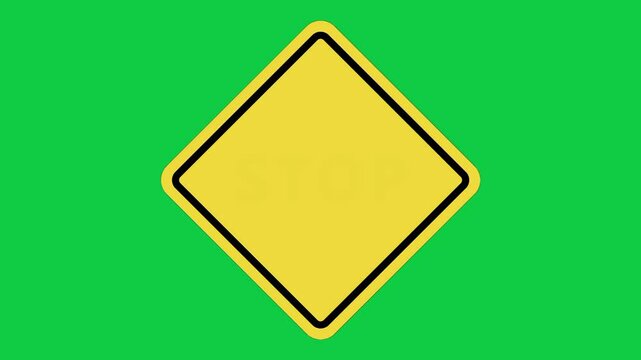 Stop Warning Sign Animation | 4K Yellow Diamond-Shaped Traffic Caution Board on Green Screen Background, Yellow Square 