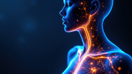 A medical illustration featuring a human head with detailed neurological structures like the brain stem and the vagus nerve highlighted by vibrant colors and glowing effects.