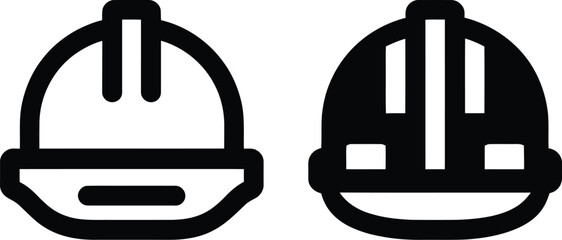  Black and White Vector PNG Illustration of Two Construction Helmets, One Outlined and the Other Filled, Featuring Vertical and Horizontal Lines, Representing Safety Equipment in Industrial