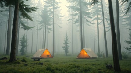 Tranquil campsite nestled within a misty forest, tents glow softly amidst towering trees. Serene escape.