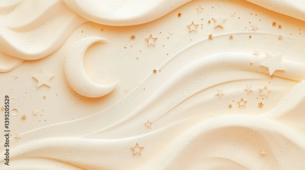 Poster Creamy textured background with dotted stars and crescent moon for versatile text placement