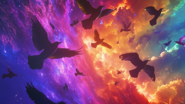 Silhouetted Birds Flying Through Vibrant Dreamlike Sky