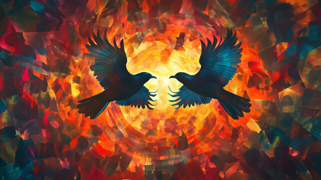 Silhouetted Birds Facing in Fiery Abstract Light Explosion
