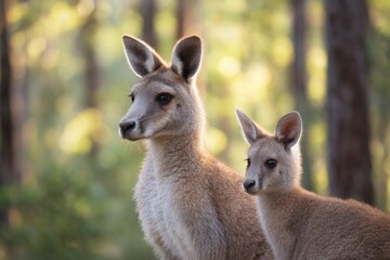 kangaroo and koala together in serene eucalyptus forest natural sunlight filtering through trees