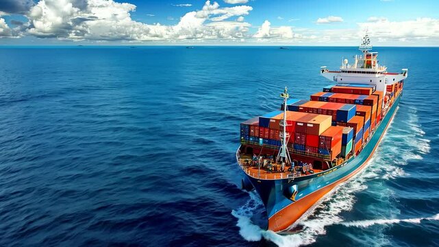 Aerial video captures a vibrant cargo ship navigating the vast ocean, emphasizing global trade with a dynamic, high-angle perspective.