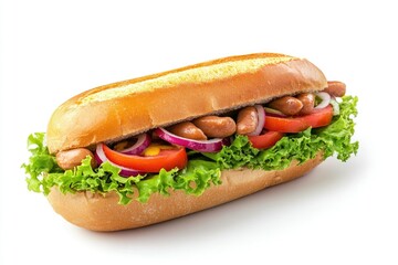 Delicious Hot Dog with Grilled Sausage, Lettuce, Tomato and Onion