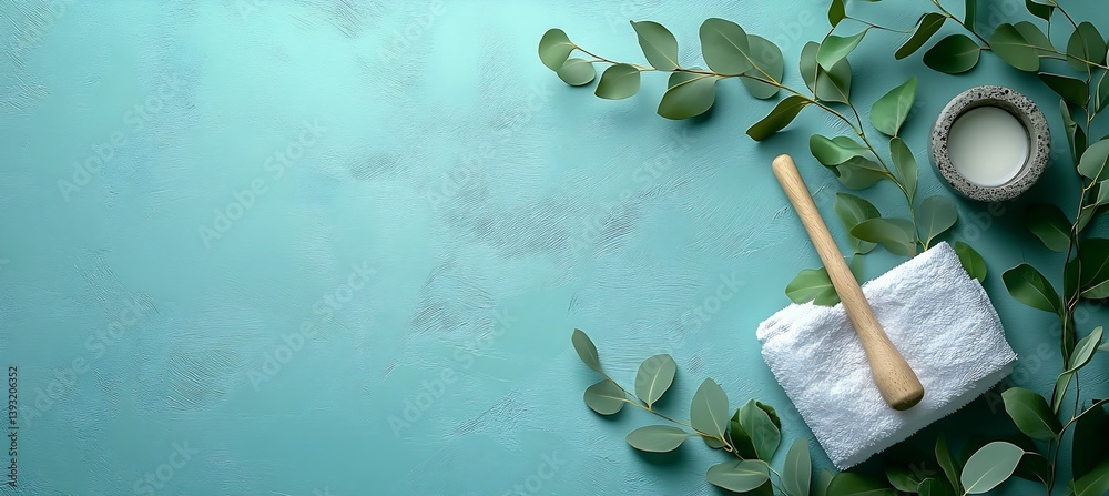 Poster relaxing spa setting with fresh eucalyptus leaves and spa essentials on a calm teal background : gen
