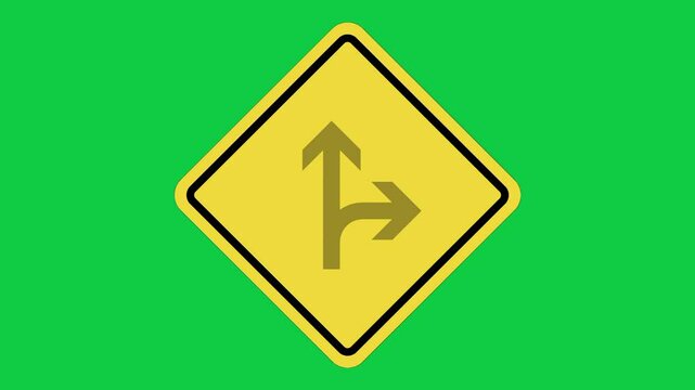 Unregulated Intersection with Adjacent Road from Right Side, Traffic Alert Warning Sign Animation on Green Screen in 4K