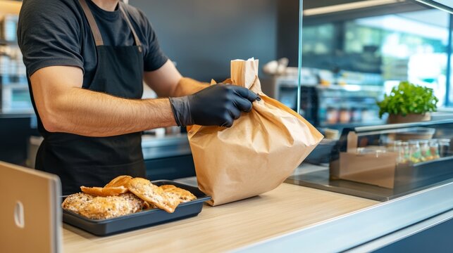 Person in Black Gloves Preparing Takeout Food in Modern Restaurant Setting - Powered by Adobe