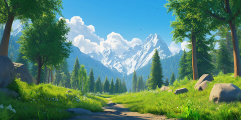 Summer Mountain Forest A Breathtaking 3D Cartoon Landscape