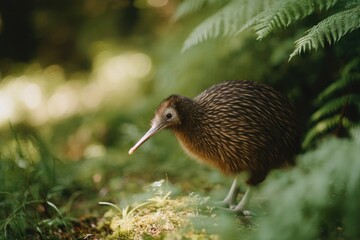lone majestic kiwi bird foraging in verdant new zealand forest showcasing its unique plumage and beak amidst backdrop