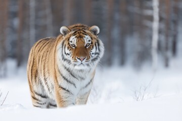 Fototapeta premium lone siberian tiger prowls snow-dusted forests of russia its piercing eyes scanning serene landscape for any sign of