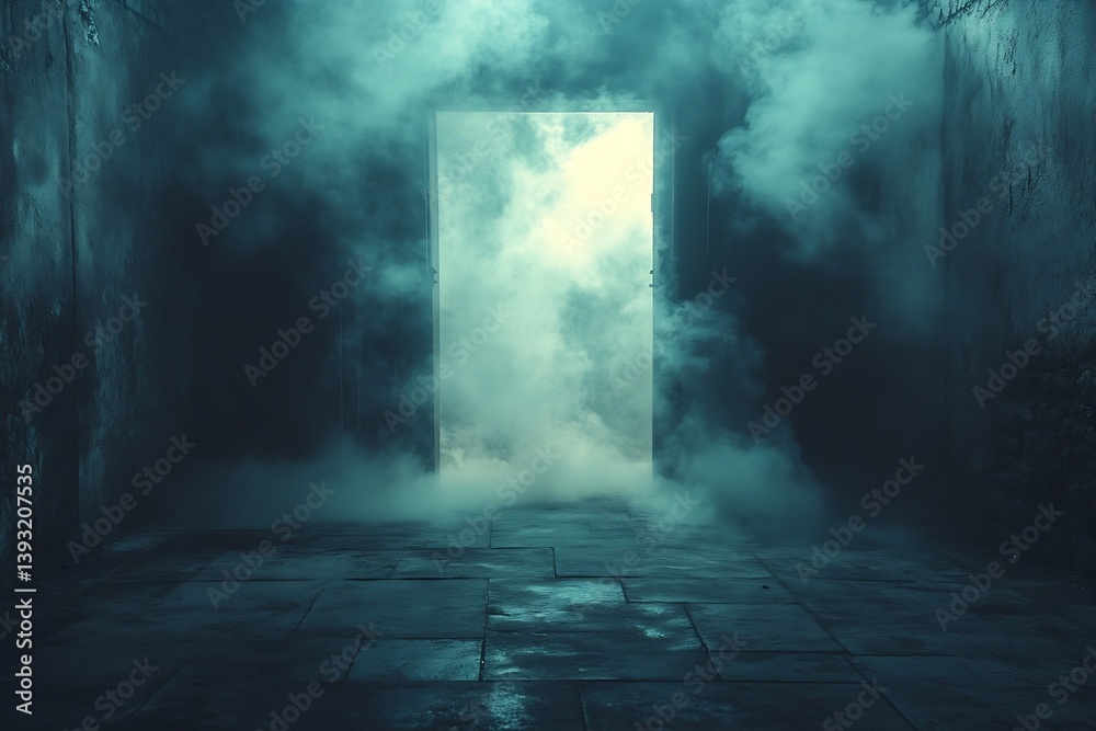 Aufkleber mysterious doorway with fog light at the end of tunnel eerie scene spooky hope escape concept art : 