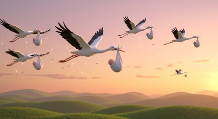 Multiple Storks Delivering Babies at Sunset Over Rolling Hills