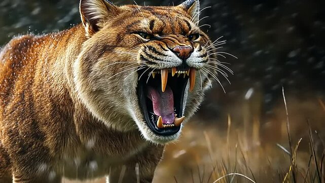 Fierce prehistoric saber-toothed cat roaring in a snowy landscape, showcasing its powerful features