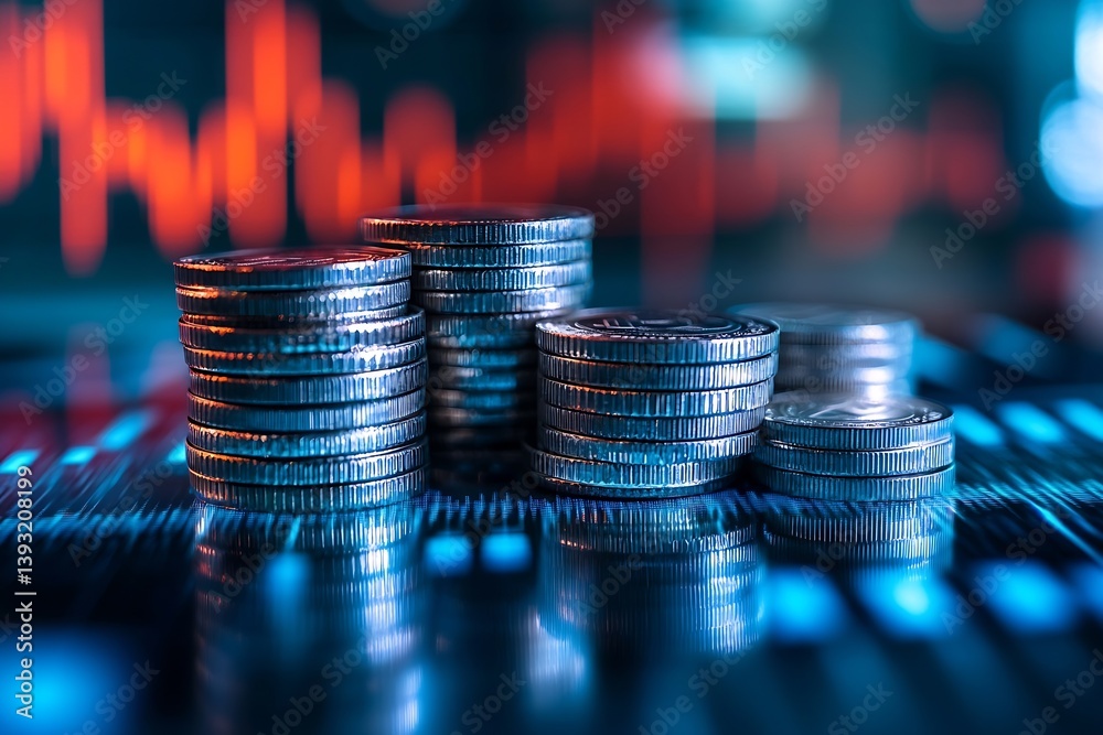 Poster stacks of coins with stock market graph in background illustrating financial growth and investment o