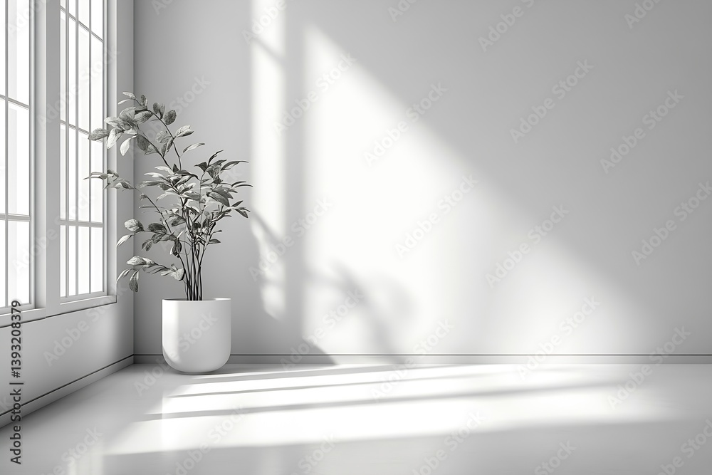 Poster minimalist interior with plant in pot near window and soft sunlight white wall background for mockup