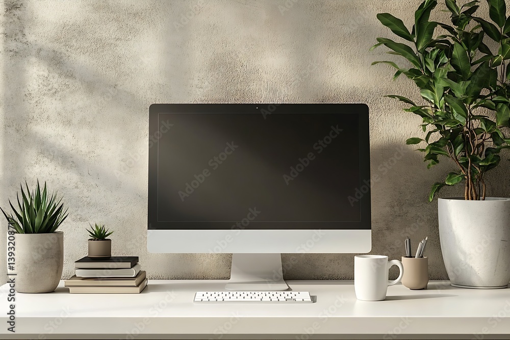 Leinwandbilder Modern Home Office Setup with Computer and Plants  Minimalist Workspace and Interior Design for Remote Work and Stylish Productivity : Generative AI