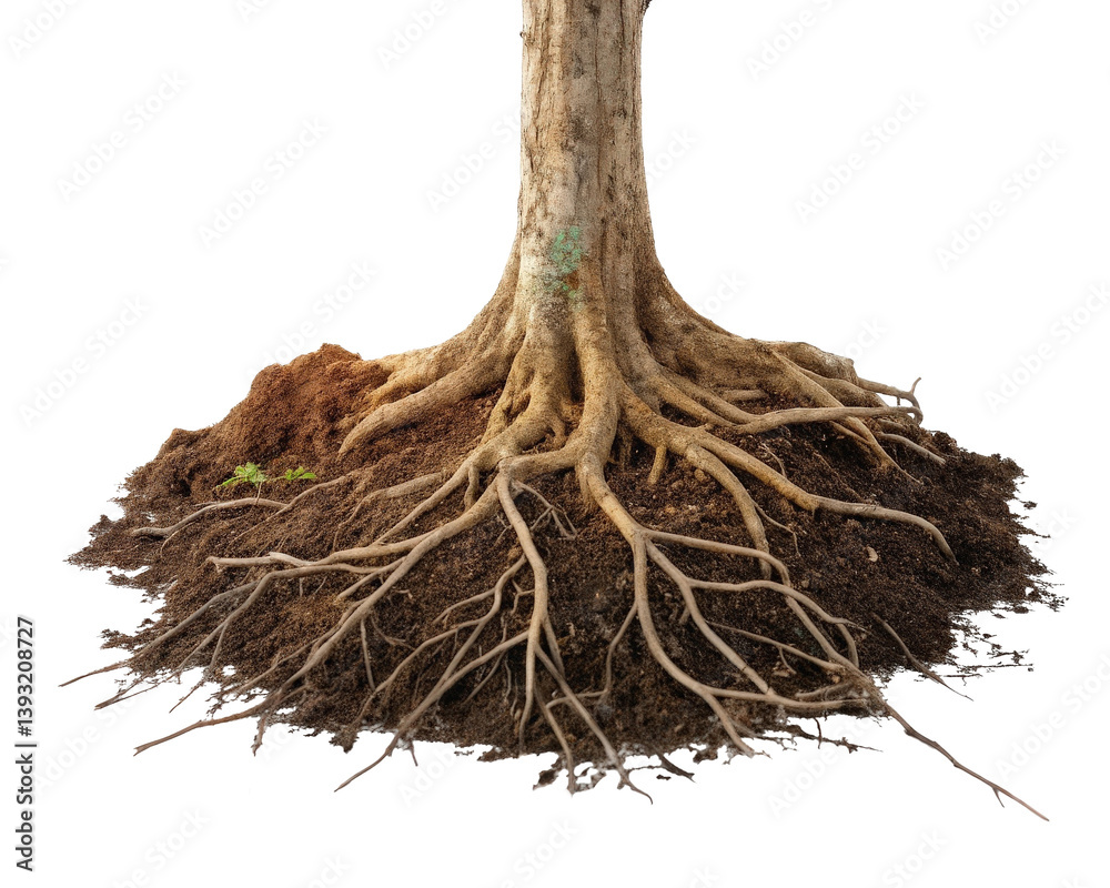 Aufkleber a tree, showcasing its extensive root system. The roots spread out in various directions, anchoring the tree firmly in the soil. The roots are intertwined and appear robust, indicating a strong founda