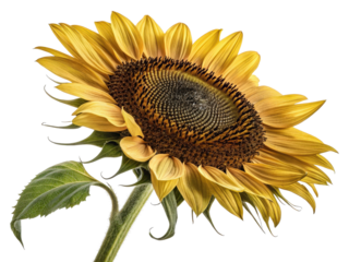Close-up of a vibrant sunflower with yellow petals, brown disk florets, and green leaves against  png