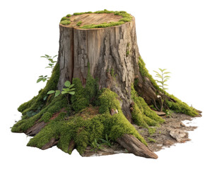 Tree stump covered in lush green moss and surrounded by small plants symbolizing decay and regeneration in a forest ecosystem. png 