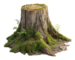 Tree stump covered in lush green moss and surrounded by small plants symbolizing decay and regeneration in a forest ecosystem. png 