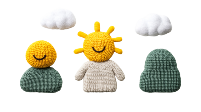 Smiling sun, clouds, and dolls, knitted toy still life, cut out transparent