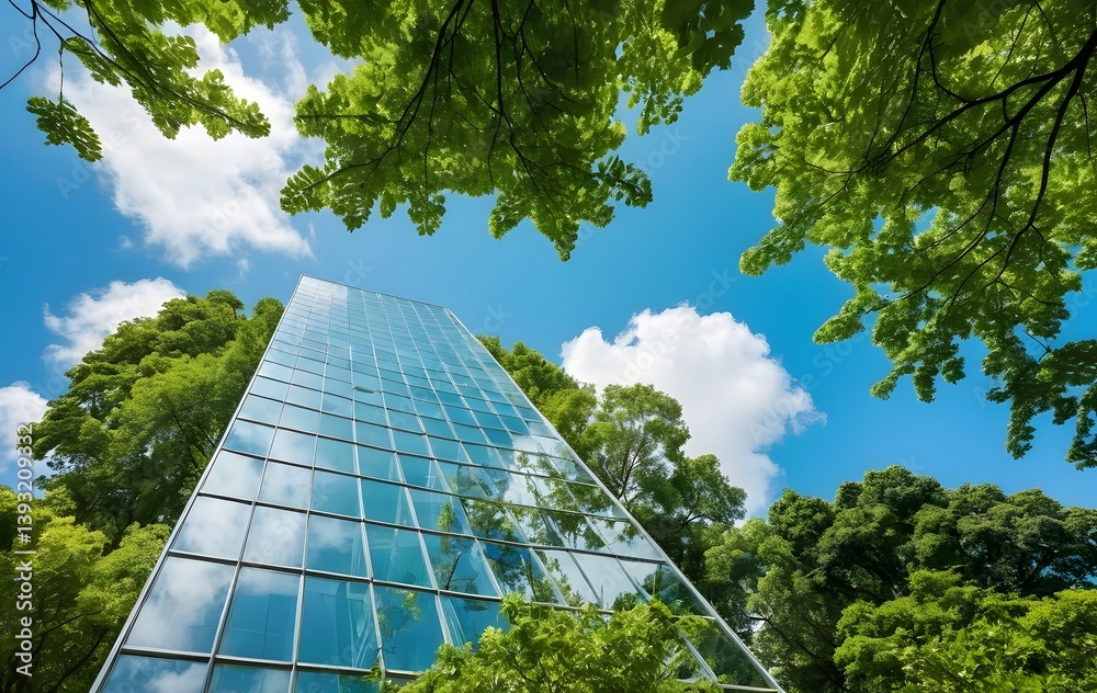 Poster verdant canopy view, clear blue sky, white clouds. green trees frame modern architecture reflecting 