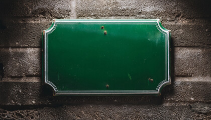 Old empty green metal sign on dark cement wall. Close-up. Mock-up.