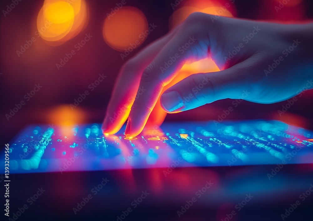 Poster Hand Touching Futuristic Tablet Screen with Glowing Neon Lights and Data Stream Technology Concept Innovation and Digital Interface : Generative AI