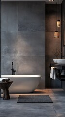 Contemporary bathroom design features a sleek modern freestanding bathtub setup